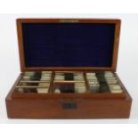 Microscope slides. A mahogany case containing approximately 110 glass slides over two layers, mostly