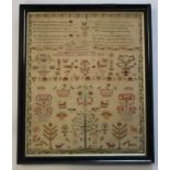 Sampler. A large elborately decorated George III sampler, by 'Jane Tate, Aged 13, 1816', decorated