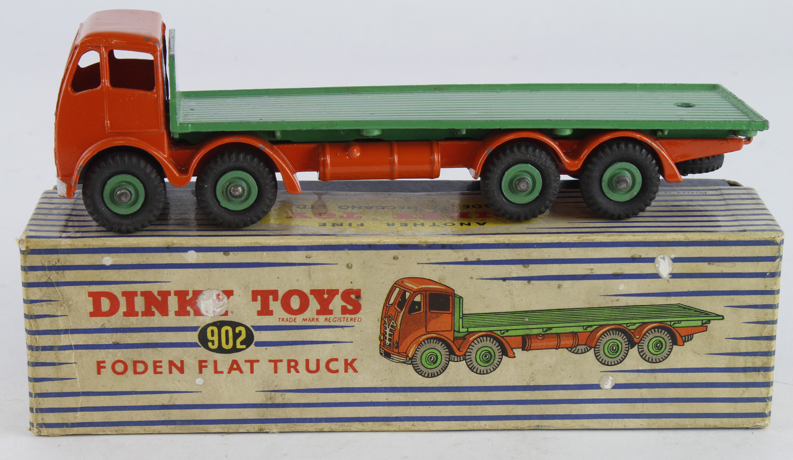 Dinky Toys, no. 902 'Foden Flat Truck' (orange cab and chassis, green back), contained in original