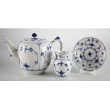Royal Copenhagen blue fluted teapot, milk jug and small plate, makers marks to base of each,