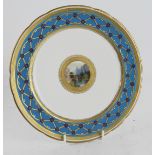 Minton cabinet plate, with blue and gilt floral decorated surround with central hand painted