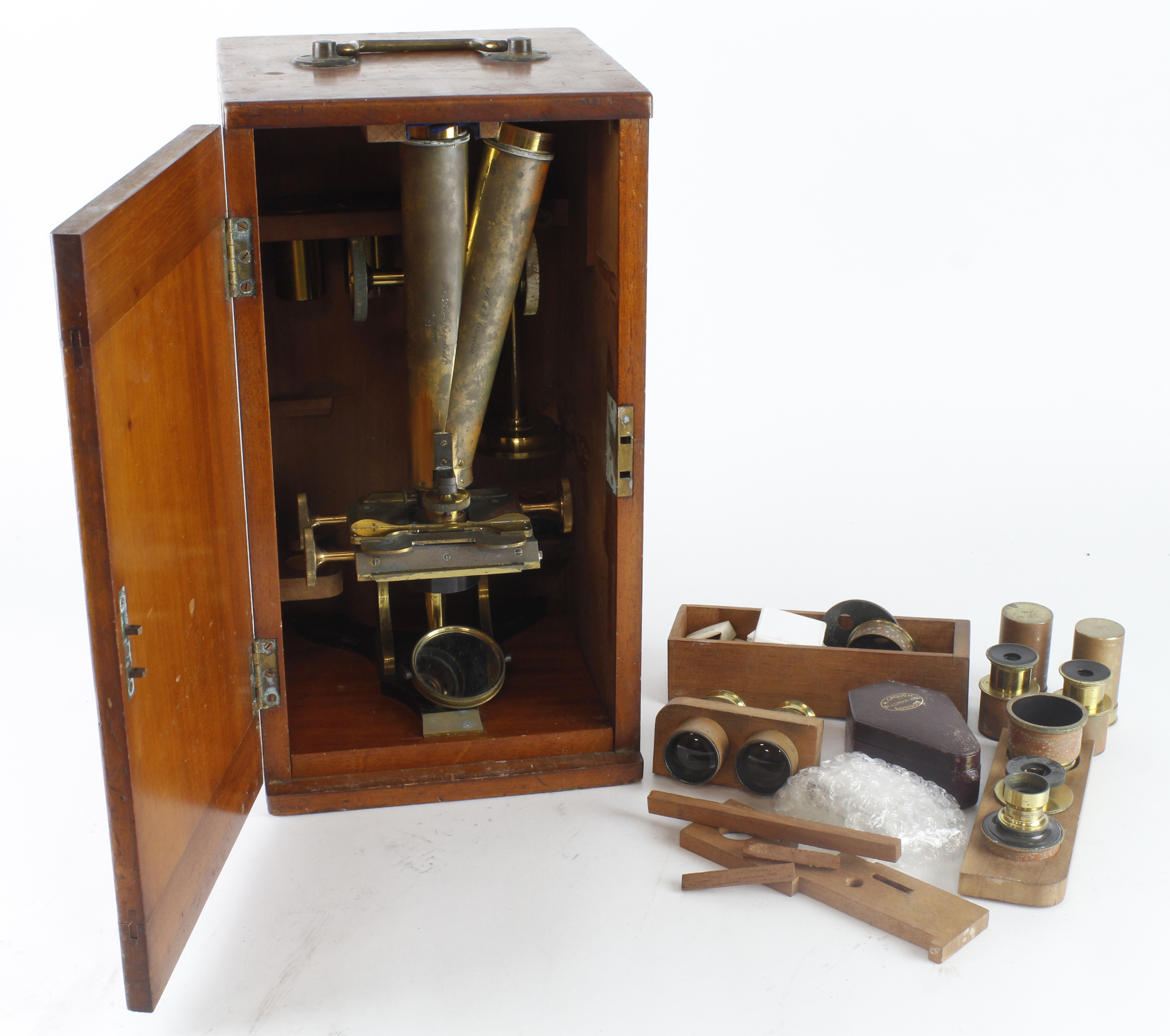 Victorian microscope by H & W Crouch (61 Bishops Gate St., London, no. 171), with a group of