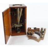 Victorian microscope by H & W Crouch (61 Bishops Gate St., London, no. 171), with a group of