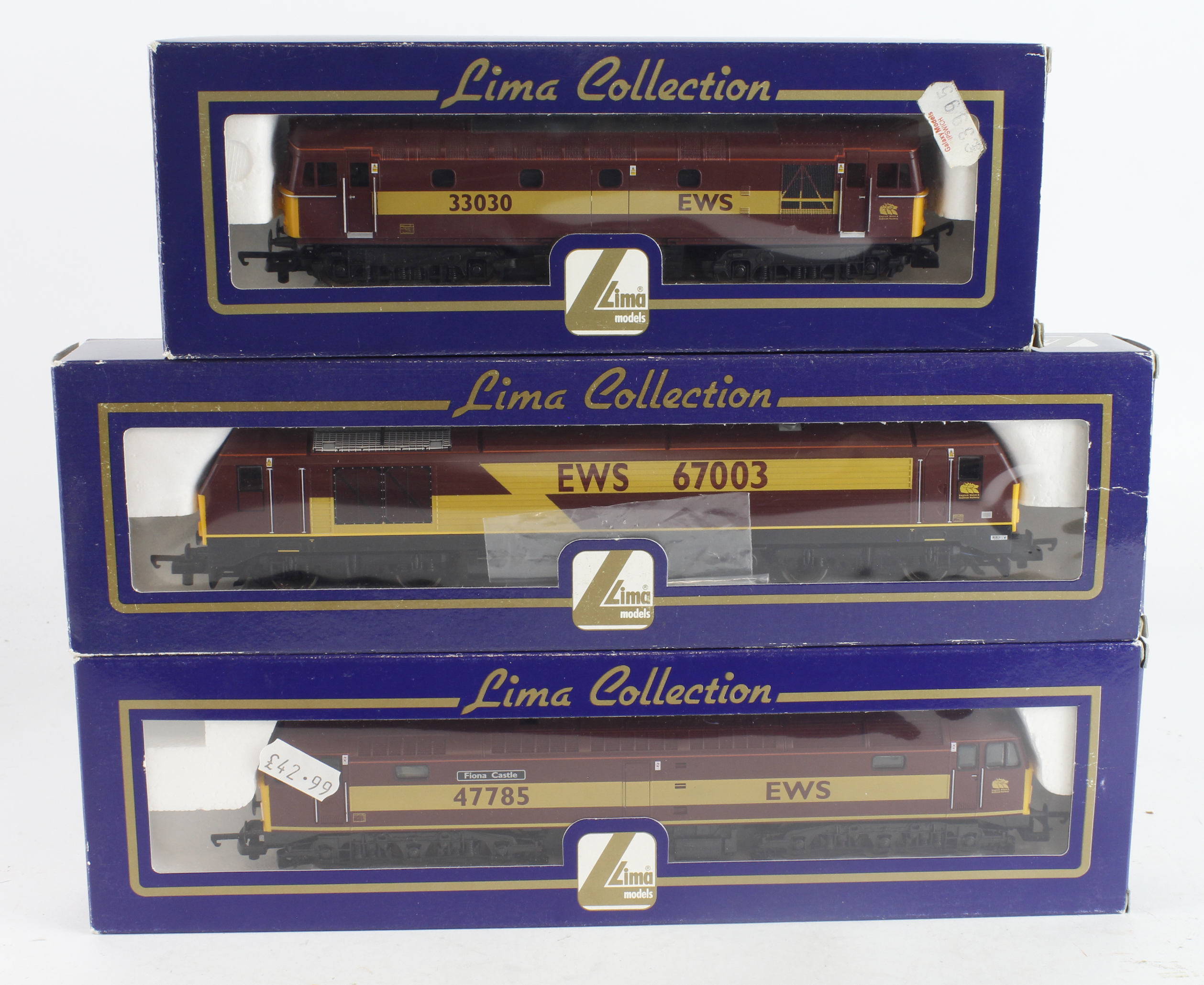 Lima. Three boxed OO gauge Lima locomotives, comprising Class 33 Diesel 33030 EWS (L204660); Class