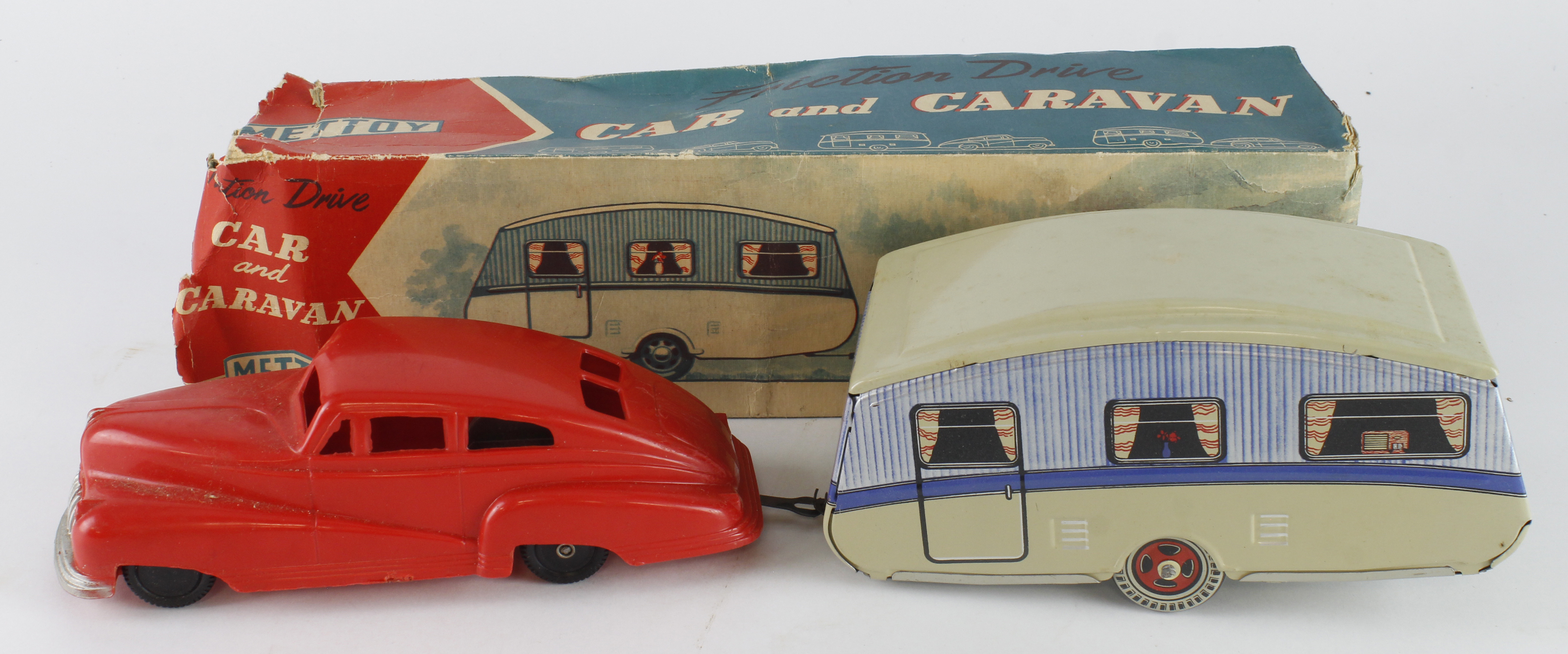 Mettoy Friction Drive car and Caravan (car - plastic; caravan - tinplate), contained in original box