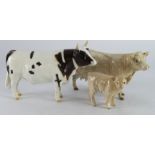 Beswick. Three Beswick figures, comprising Bull (Whitehill Mandate), Cow & Calf, tallest 13cm