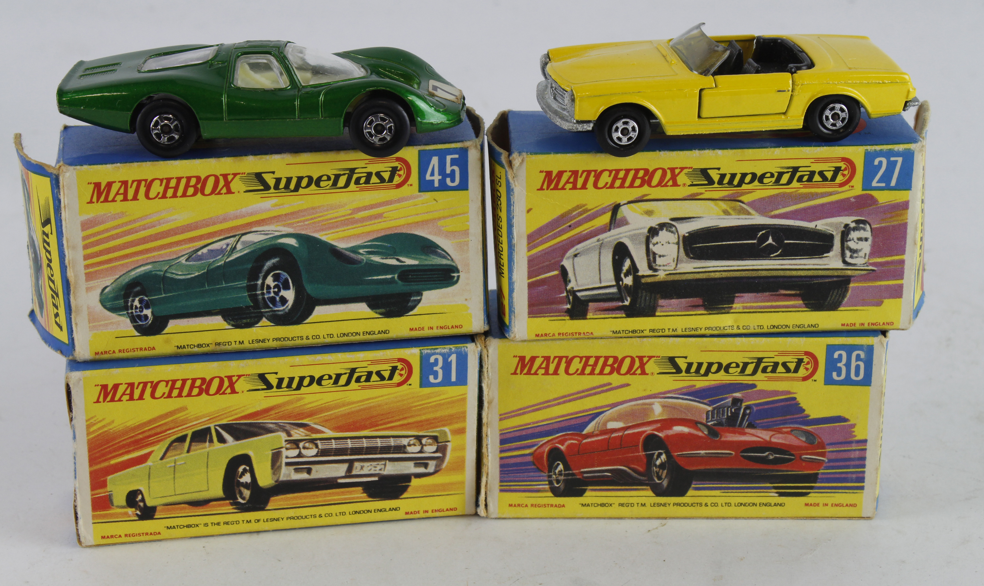 Matchbox. Four boxed Matchbox Superfast models, comprising Mercedes 230SL (no. 27); Lincoln