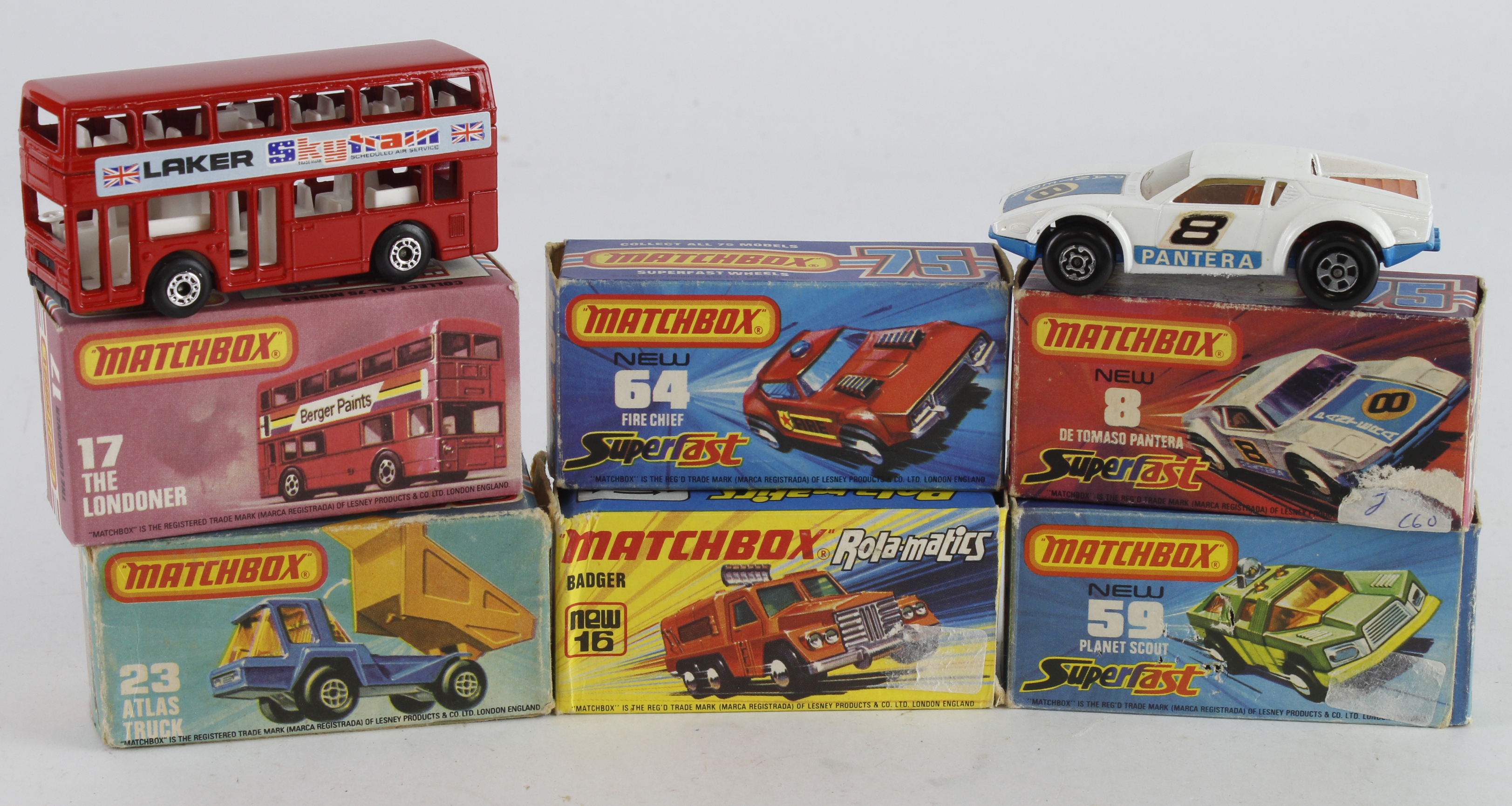 Matchbox. Six boxed Matchbox models (including 75 Series, Superfast & Rola Matics), comprising De