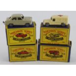 Matchbox. Four boxed Matchbox Moko Lesney models, comprising Daimler Ambulance (no. 14); Ford