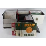 Records. Four cases of 45 single records, artists include Beatles, Elvis Presley, Rolling Stones,