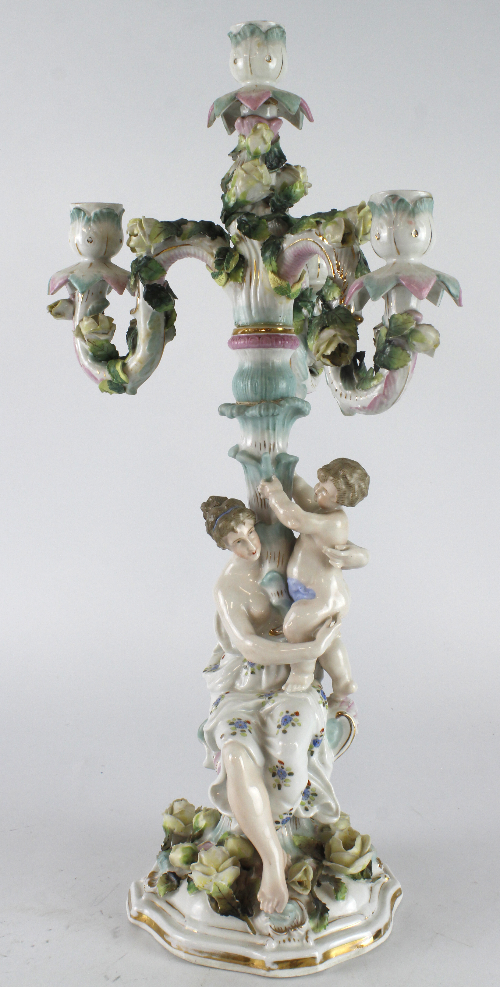 German porcelain candelabra (possibly by Dresden), with three branches, ornately decorated depicting