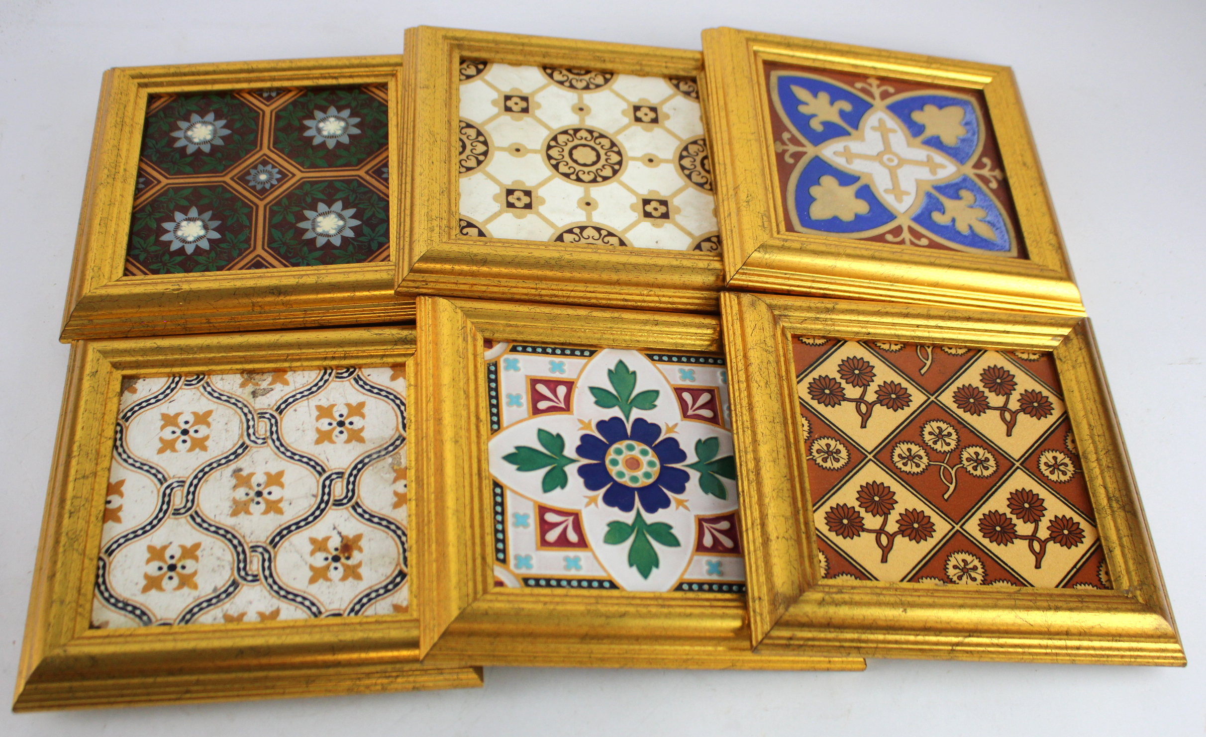 Tiles. Six glazed tiles with various decoration, by Minton & Co., Maw & Co., etc. (makers marks to