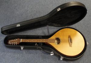 Morgan Lewis octave mandolin in Sapele, no. OM157, makers label to inside, back length 45cm approx.,
