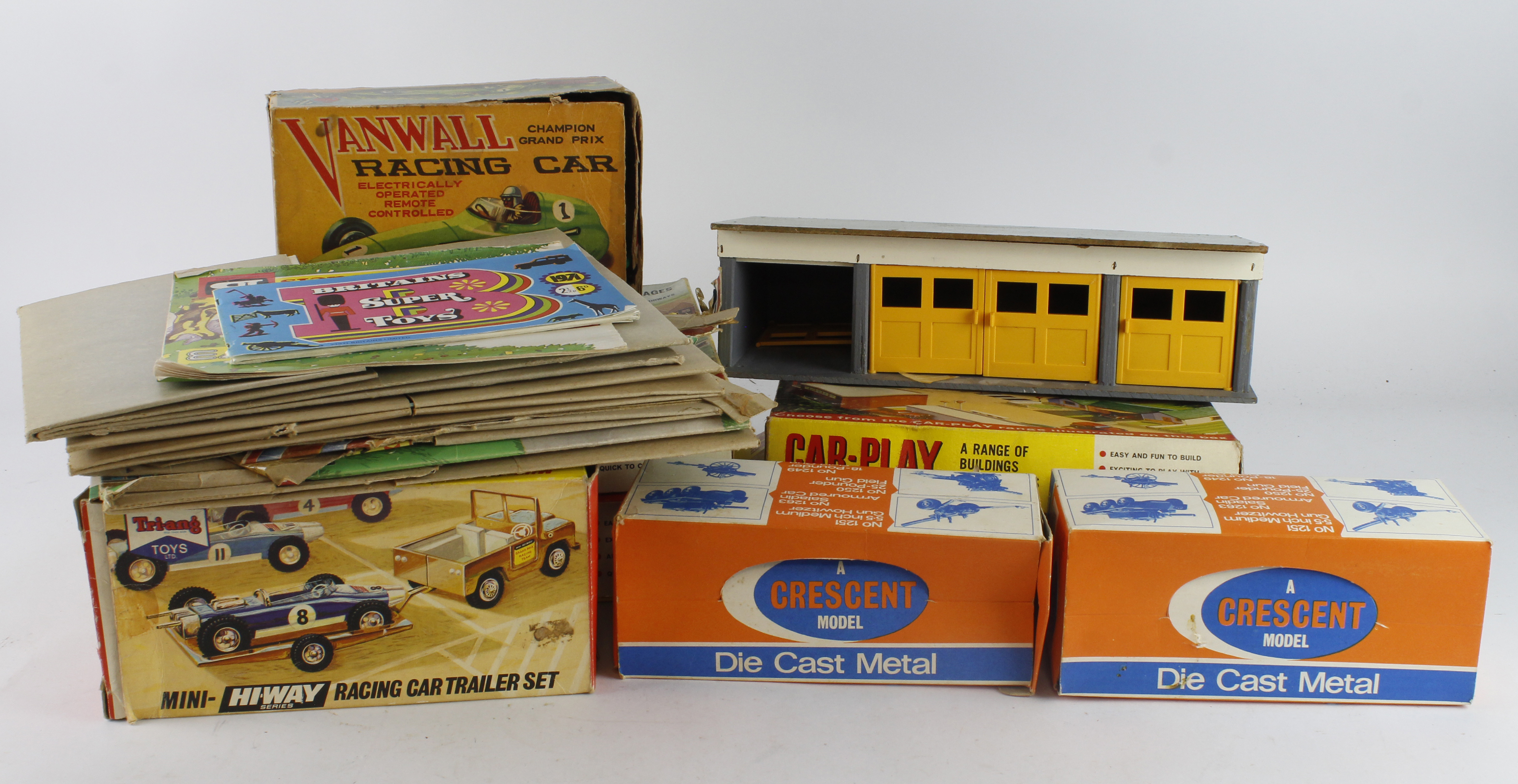 Models. A collection of various models (some boxed), including Triang Mini Hi Way Racing Car Trailer