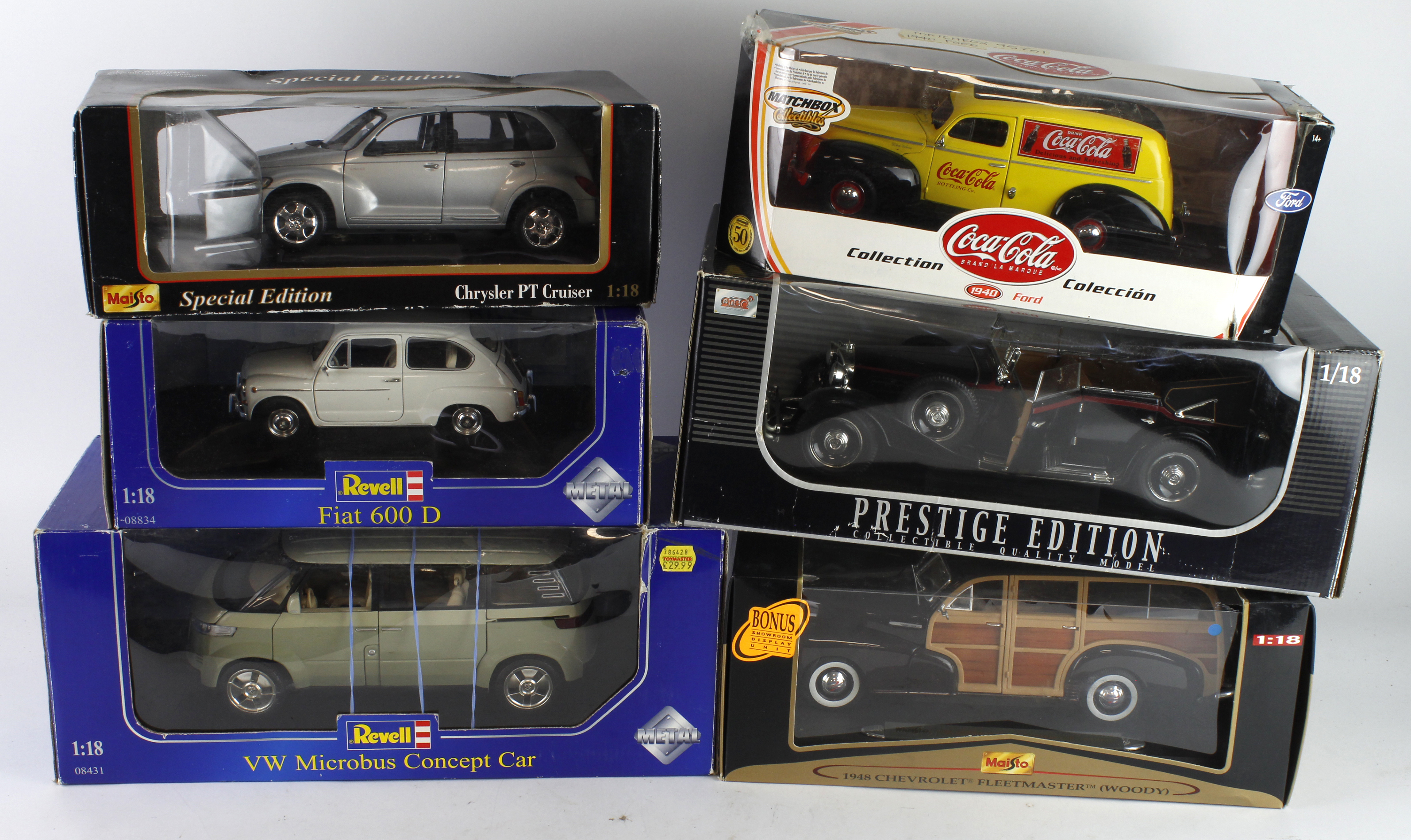 Models. Six boxed 1:18 scale models, including Revell VW Microbus Concept Car (08431); Revell Fiat