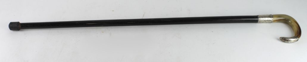 Horn handled walking stick with silver mounts, hallmarked '', with inscription height 85cm approx.