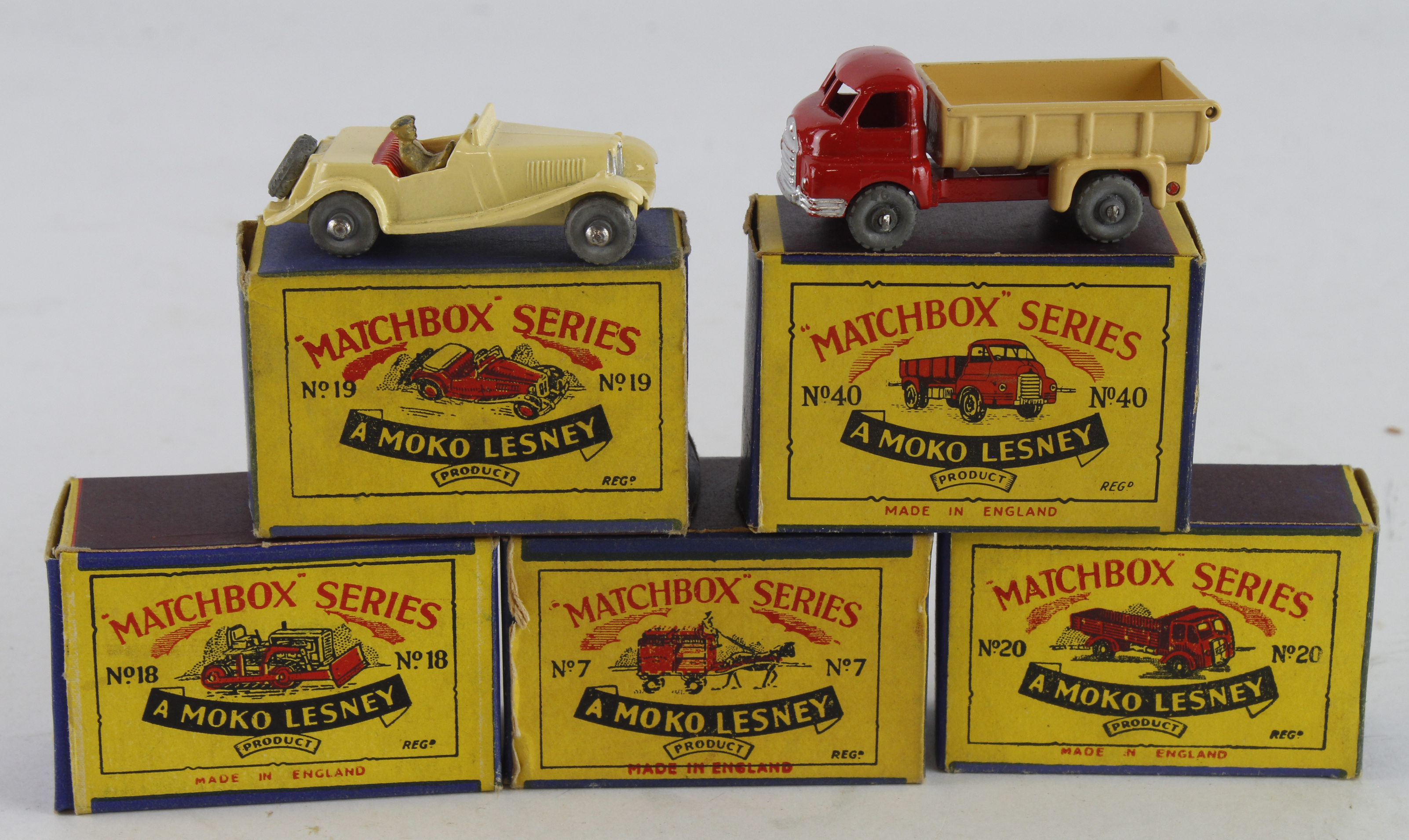Matchbox. Five boxed Matchbox Moko Lesney models, comprising Horse Drawn Milk Float (no. 7);