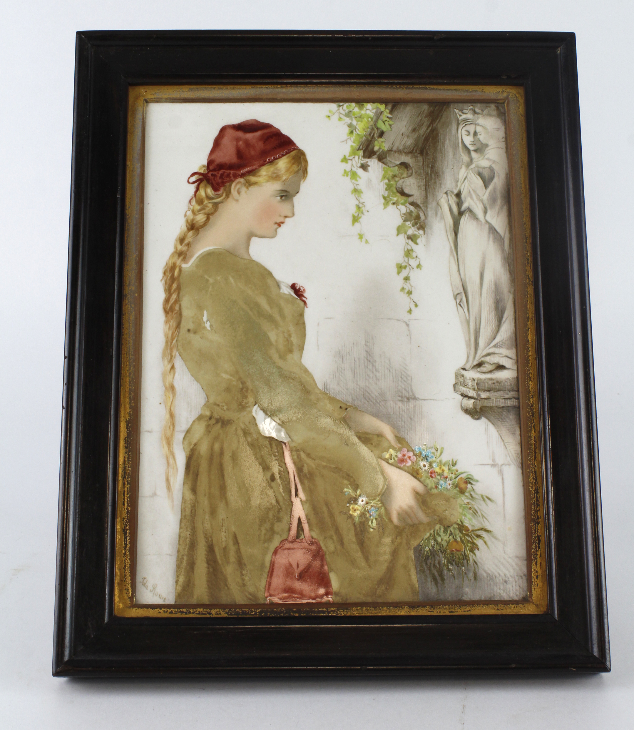 Ida Rowe. Hand painted tile, depicting a young woman collecting flowers, signed by artist to lower