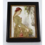 Ida Rowe. Hand painted tile, depicting a young woman collecting flowers, signed by artist to lower