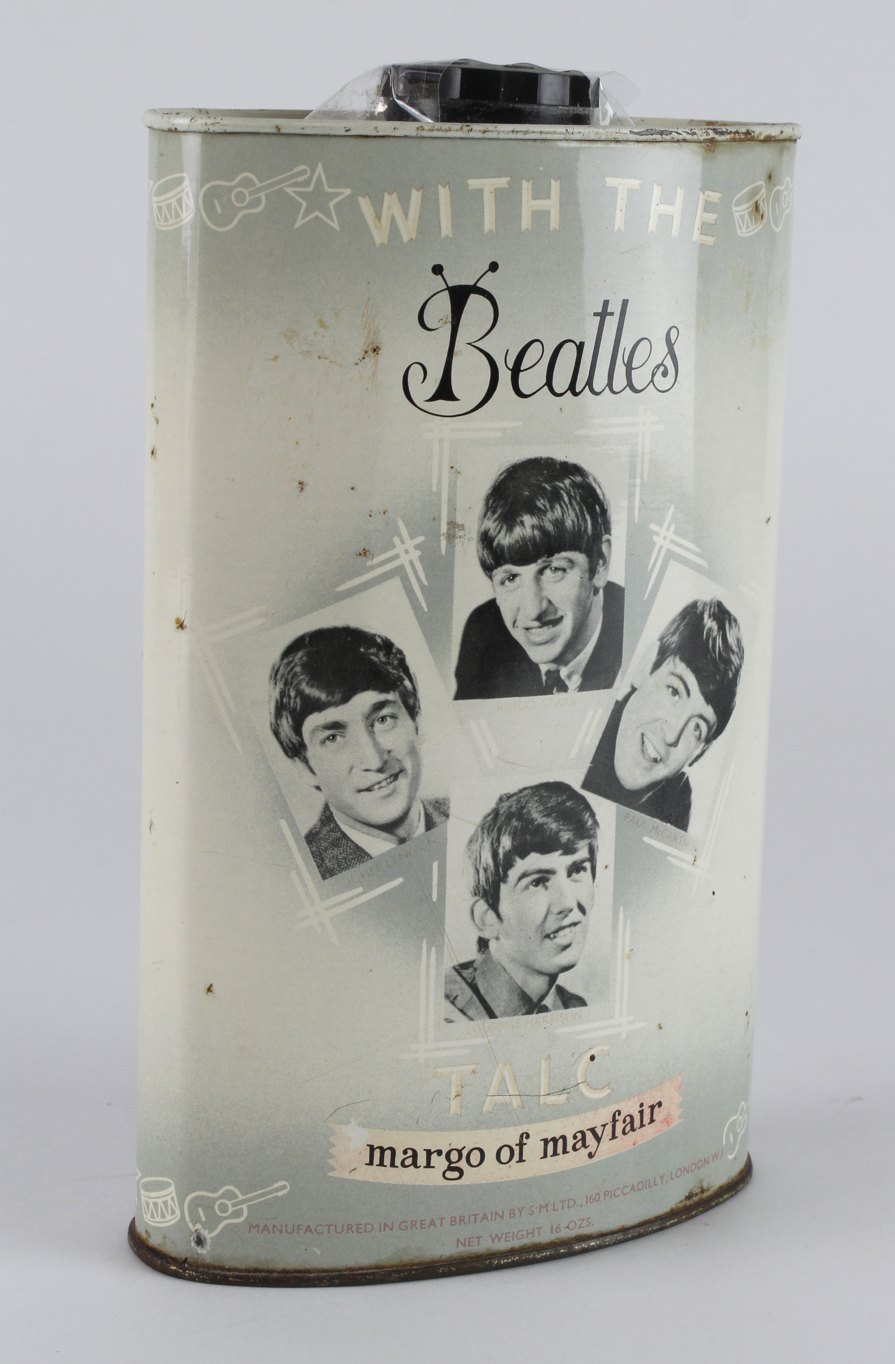 Beatles interest. A tin of talcum powder 'With the Beatles Talc', by Margo of Mayfair, height 18.5cm