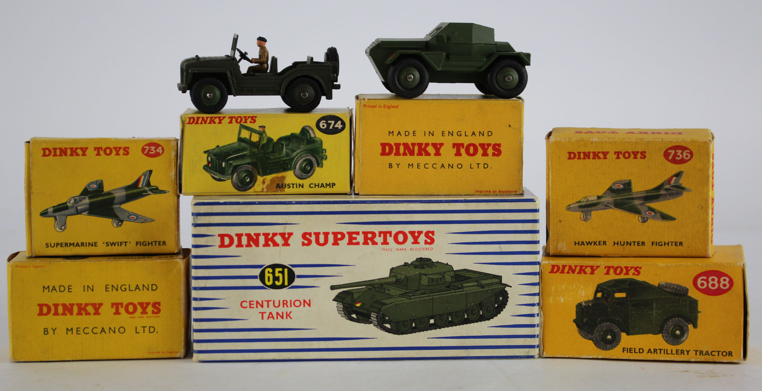 Dinky Toys. Seven boxed Dinky Military models, including Centurion Tank (no. 651); Field Artillery