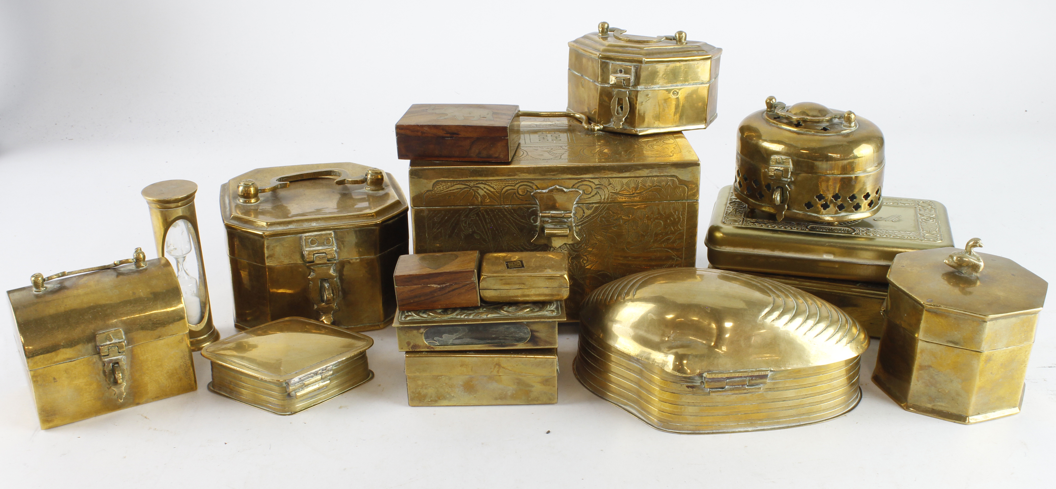 Tins. A collection of various brass tins, matchbox holder, etc., including a WWI Princess Mary