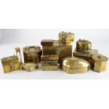 Tins. A collection of various brass tins, matchbox holder, etc., including a WWI Princess Mary