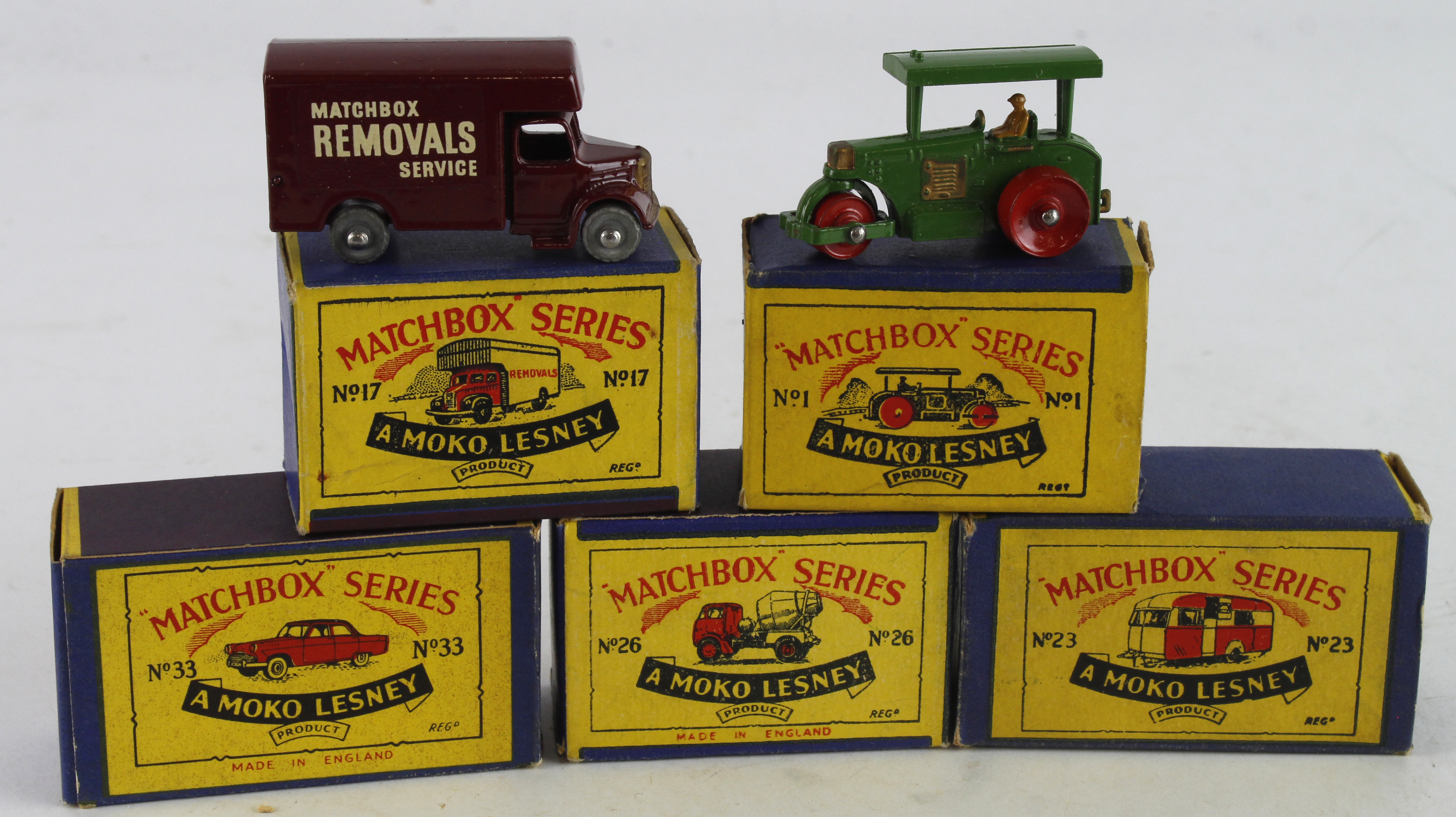 Matchbox. Five boxed Matchbox Moko Lesney models, comprising Diesel Road Roller (no. 1, end flap