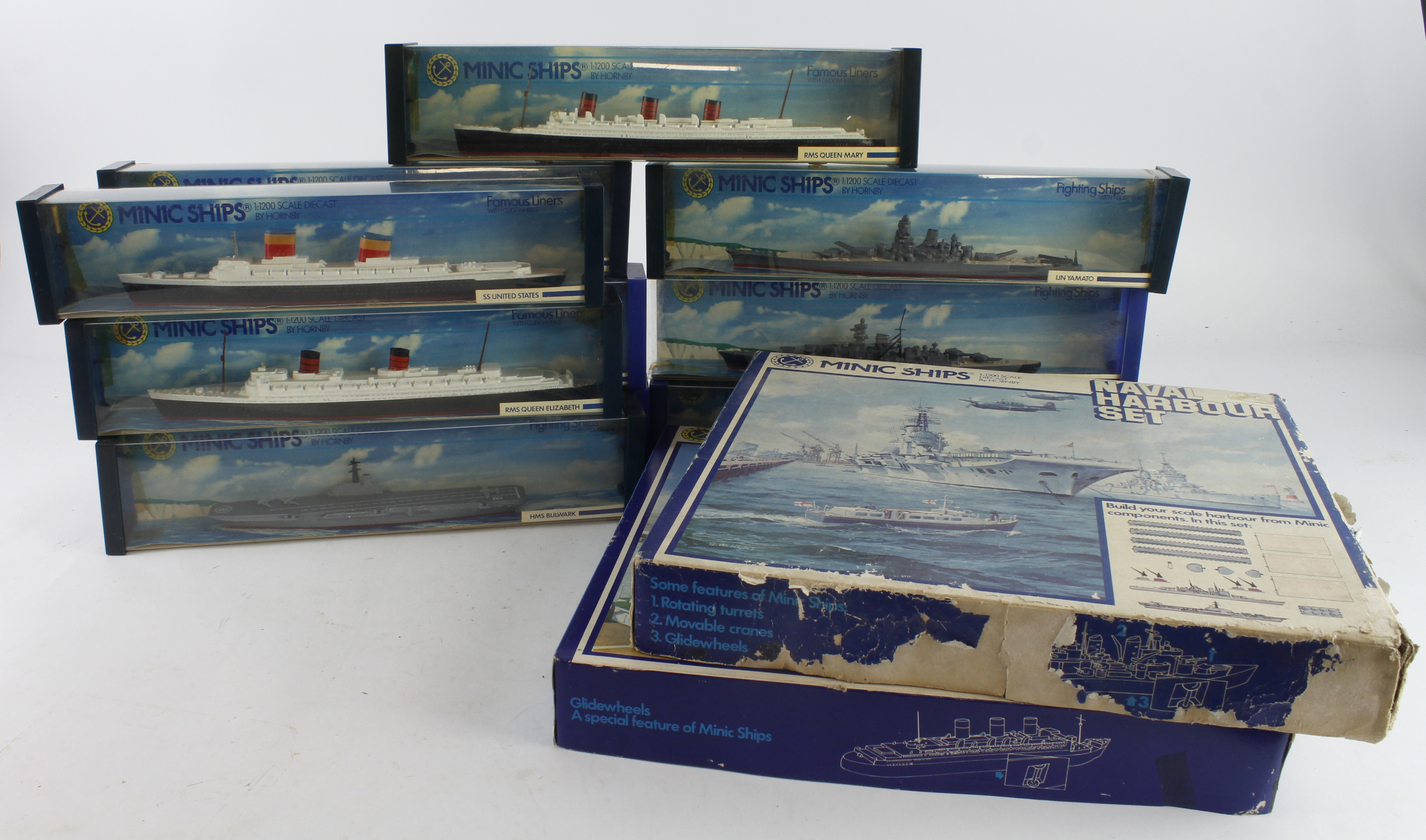 Minic. Ten Minic Hornby 1:1200 scale diecast Fighting Ships, each in original packaging, together