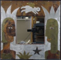 Copper and mixed metal wall art mirror by Cape Town artist Sue Jowell. Signature etched into