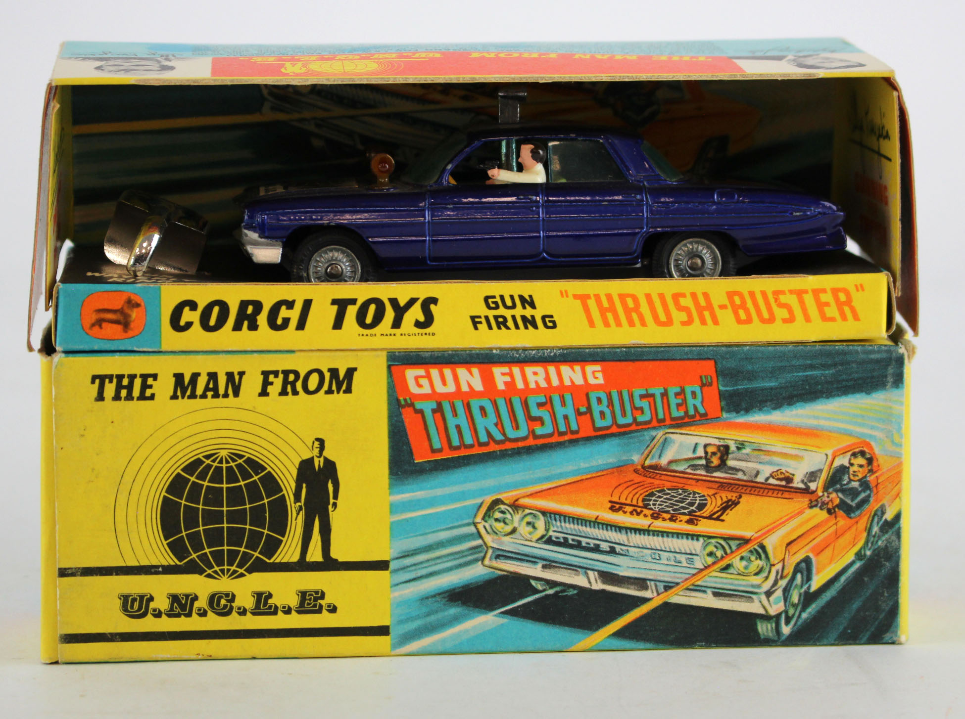 Corgi Toys, no. 497 'Gun Firing Thrush Buster (The Man From UNCLE)', card insert and Waverly Ring