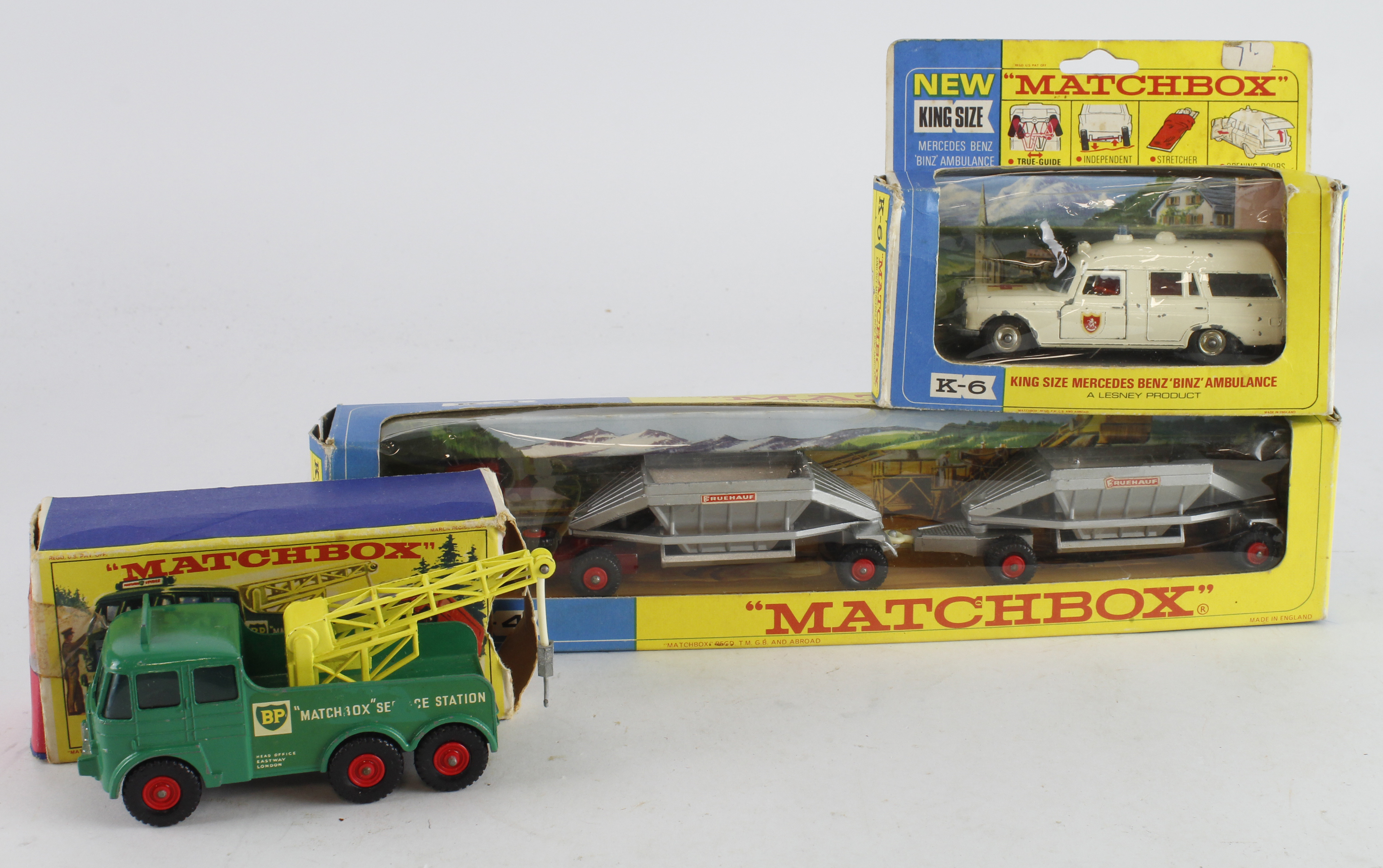 Matchbox. Three boxed Matchbox King Size models, comprising Fruehauf Hopper Train (K-4); Mercedes
