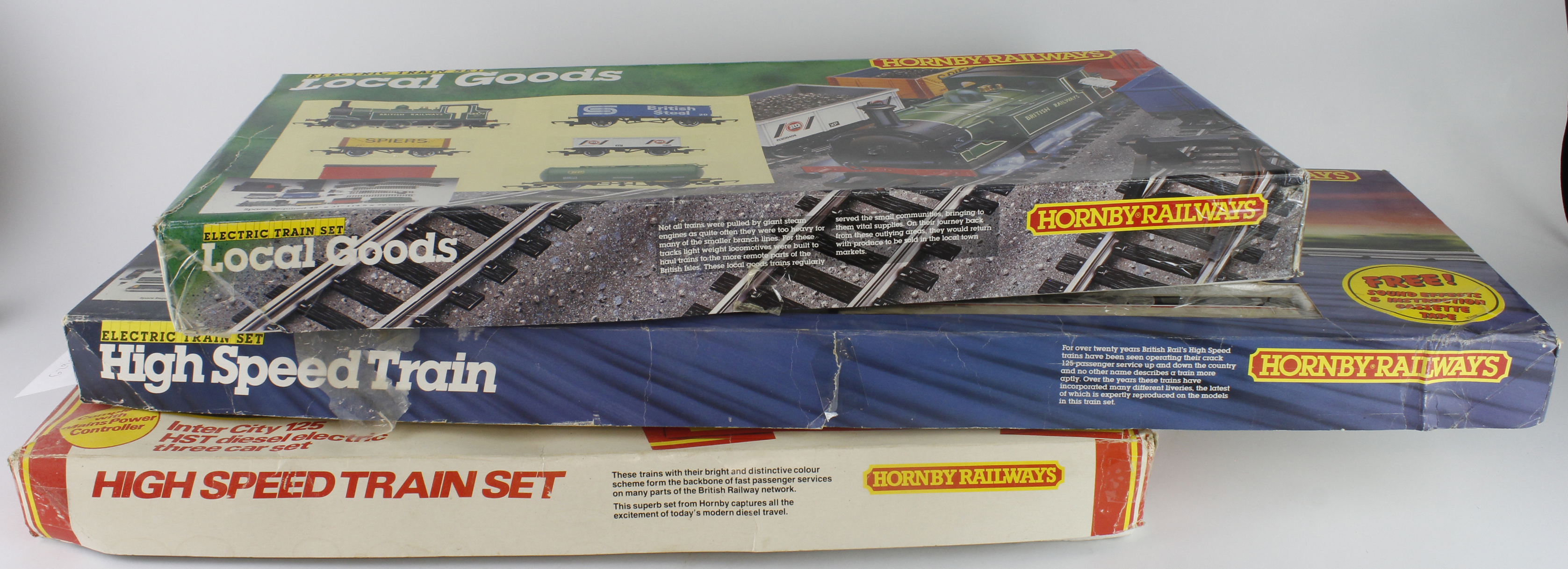Hornby. Three boxed Hornby OO gauge train sets, comprising two High Speed & one Local Goods set (