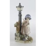 Lladro figure 'Fall Clean Up', depicting a young girl sweeping with a cat watching, makers mark to