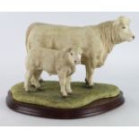 Border Fine Arts limited edition figure 'Charolais Cow and Calf', with wooden plinth and certificate