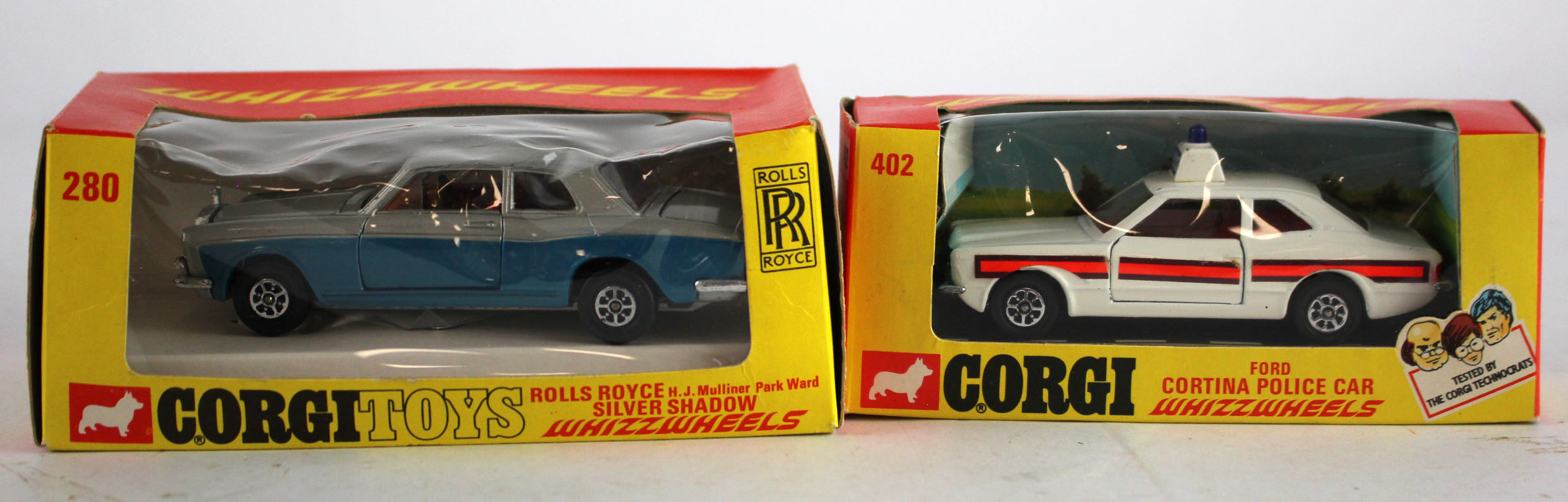 Corgi Toys. Two boxed Corgi 'Whizzwheels' models, comprising Rolls Royce Silver Shadow H.J. Mulliner