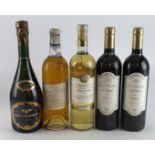 Wine. Five various bottles of wine, comprising Chateau Climens 1964; Joly Champagne 2002; Les