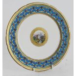 Minton cabinet plate, with blue and gilt floral decorated surround with central hand painted