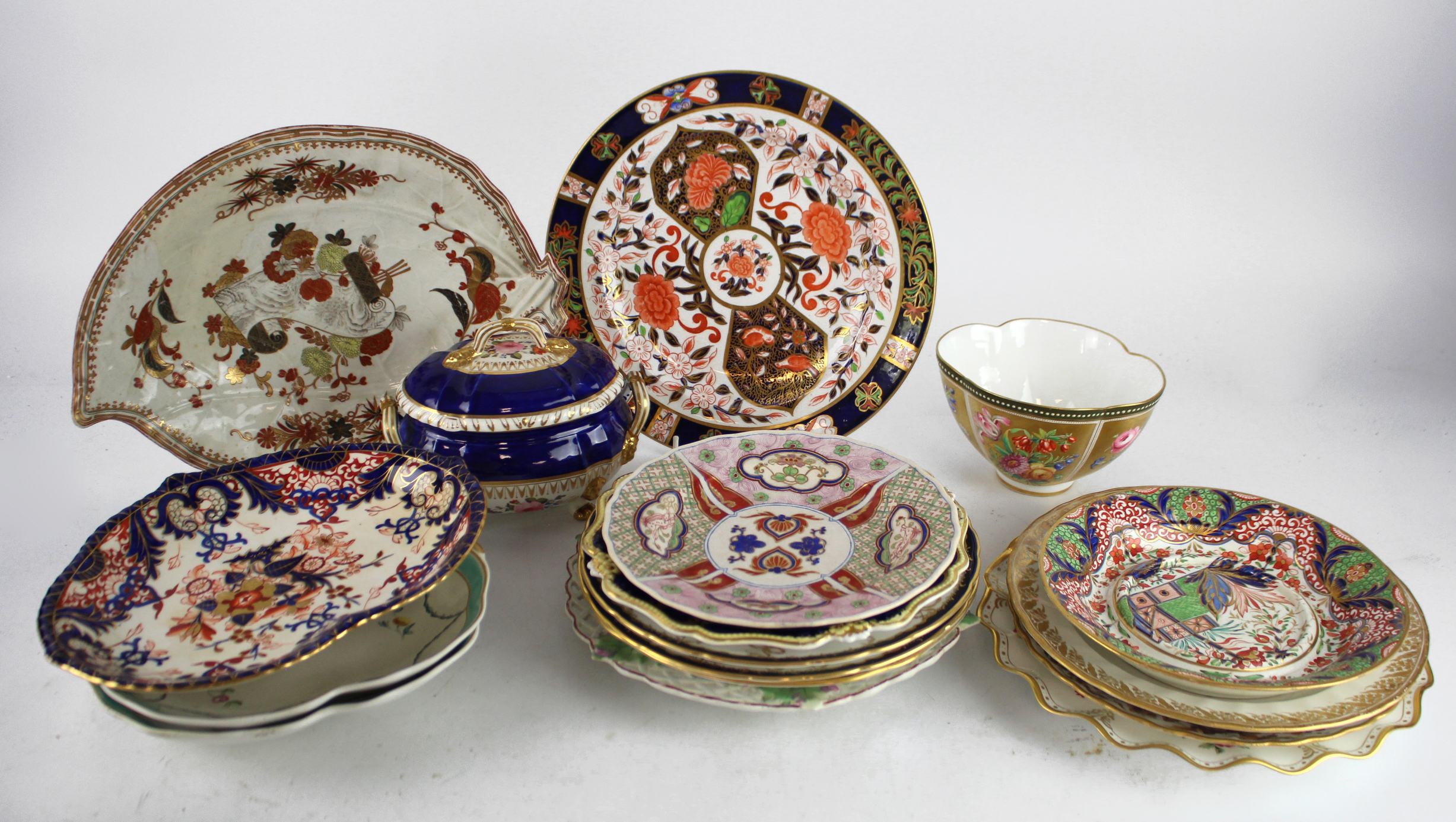 Derby. A collection of approximately seventeen plates, tureen, etc. (mostly Derby)