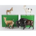 Beswick. Five Beswick figures, comprising Bison, two Deer, Donkey & Goat, tallest 14.5cm approx. (