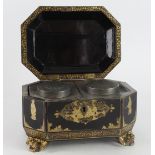 Chinese lacquered tea caddy, raised on four dragon feet, decorated with traditional scenes, with two
