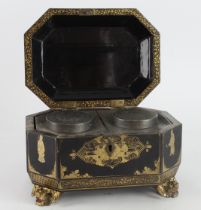 Chinese lacquered tea caddy, raised on four dragon feet, decorated with traditional scenes, with two