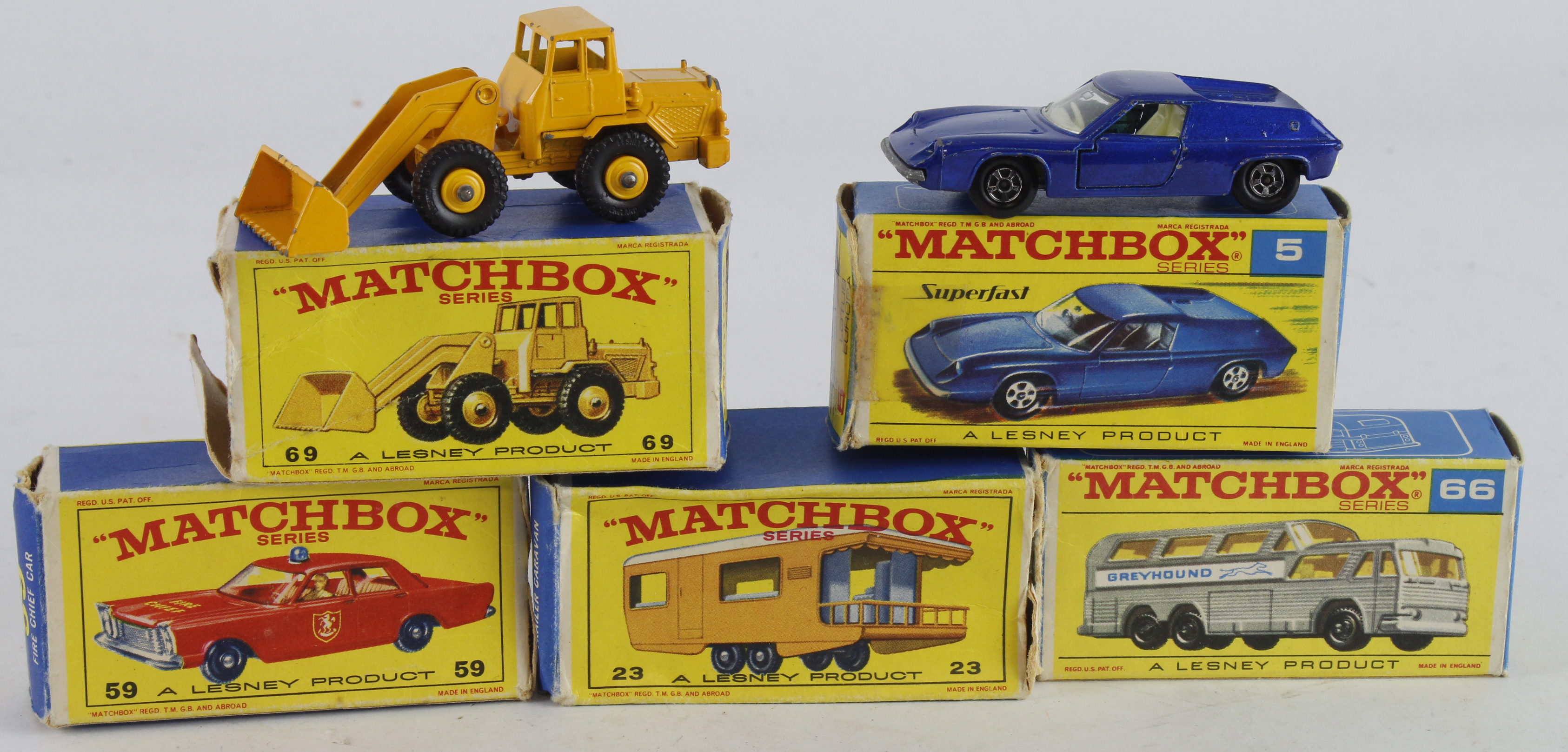 Matchbox. Five boxed Matchbox Lesney models, comprising Lotus Europa (no. 5); Trailer Caravan (