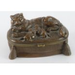 Brass trinket box, with a cat and kittens to lid, signed to side (faded), manuscript note to base