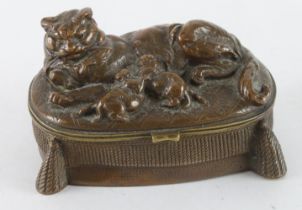 Brass trinket box, with a cat and kittens to lid, signed to side (faded), manuscript note to base