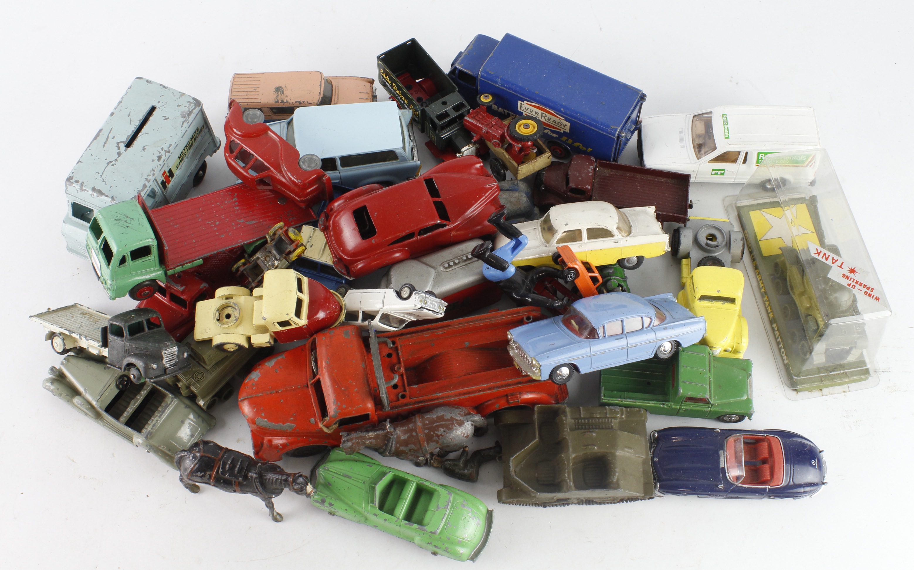 Diecast. A collection of various diecast, including Dinky, Spot On, Budgie, Tootsie Toy, Mettoy,