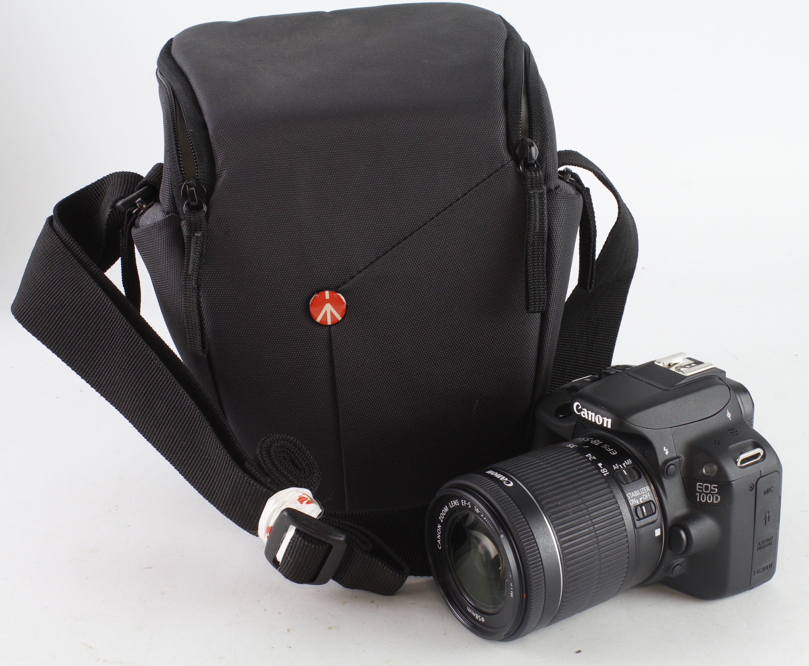Canon EOS 100D camera, with Canon lens, with original manual etc., contained in Manfrotto case