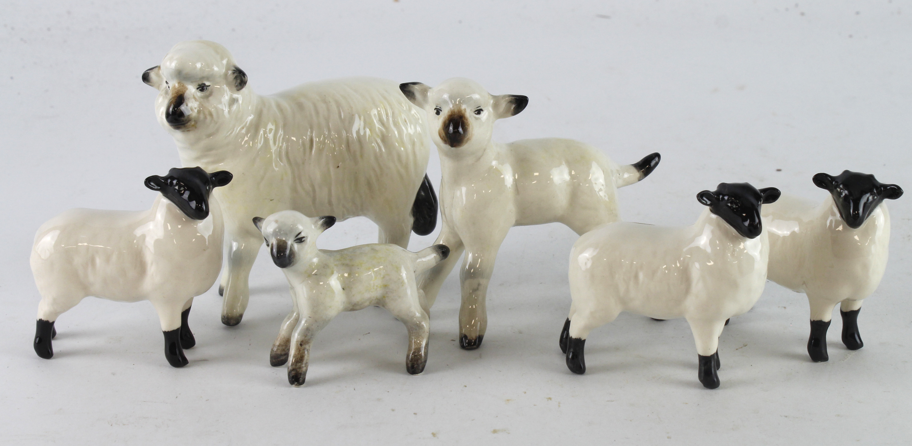 Beswick. Six Beswick Sheep & Lamb figures, tallest 8.5cm approx.