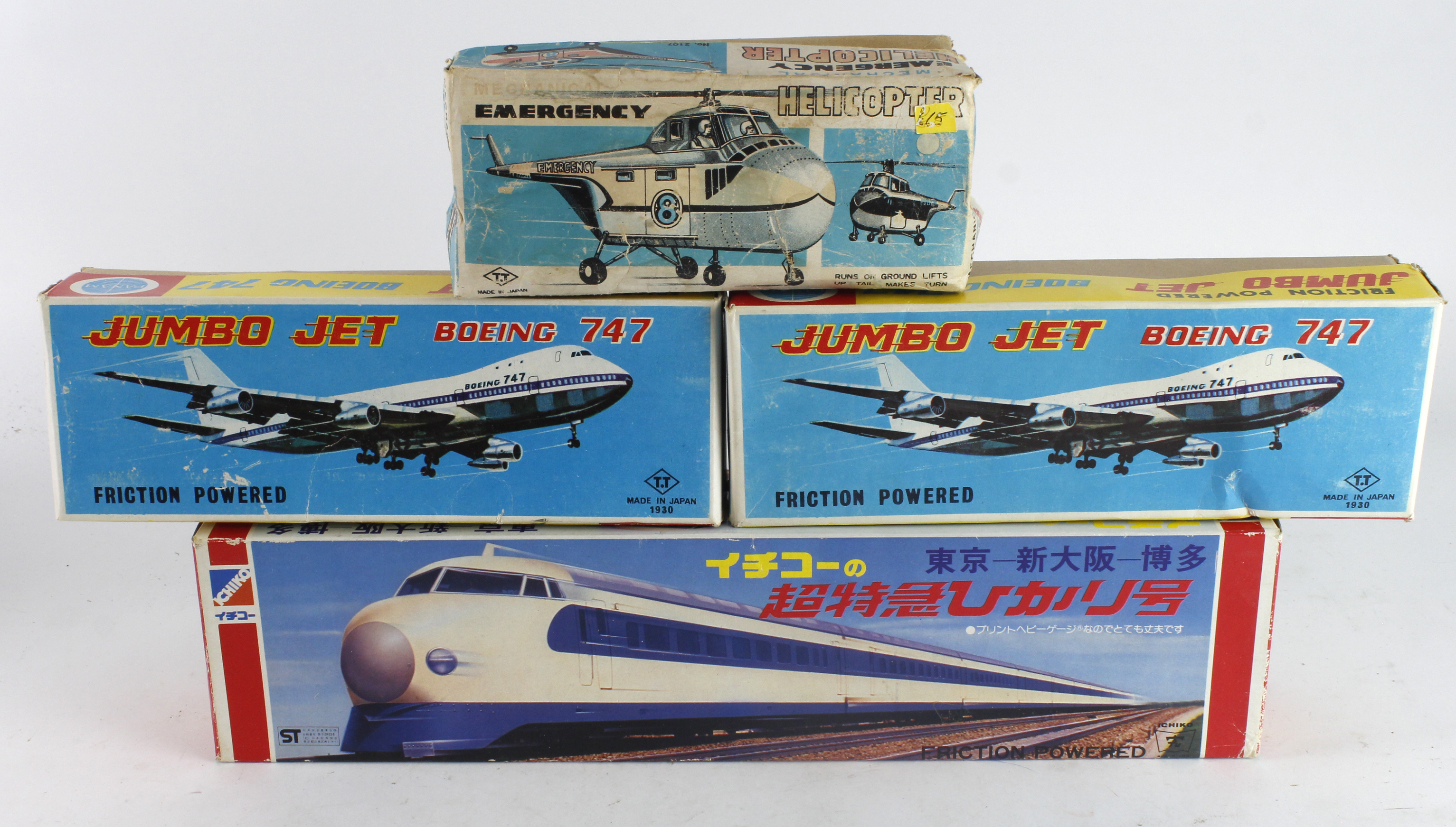 Tinplate. Four boxed Japanese tinplate models, comprising two Friction Powered Jumbo Jet Boeing