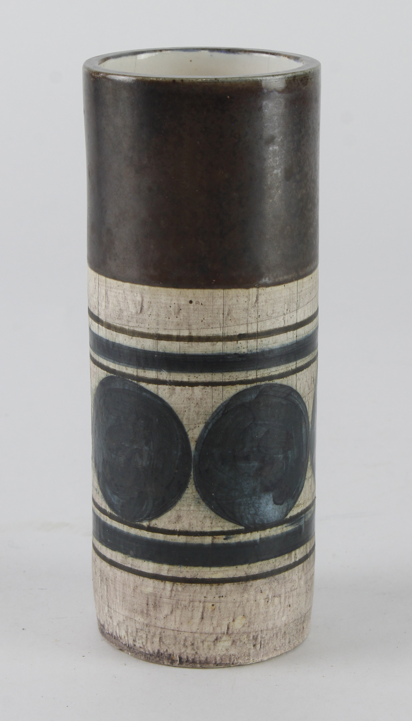 Troika. Small cylindrical Troika vase, signed to base 'Troika St Ives England', chip to underside,